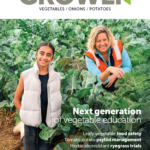 Australian Grower Autumn 2025 magazine cover. The image is of a young girl and a woman standing in a field of vegetables.