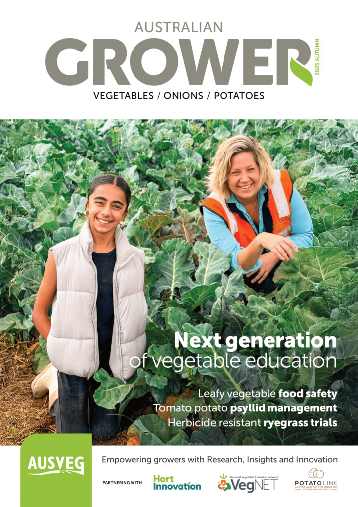 Australian Grower Autumn 2025 magazine cover. The image is of a young girl and a woman standing in a field of vegetables.