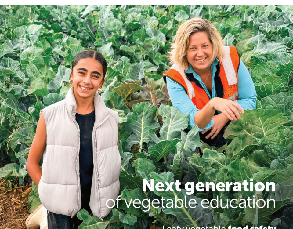 Australian Grower Autumn 2025 magazine cover. The image is of a young girl and a woman standing in a field of vegetables.